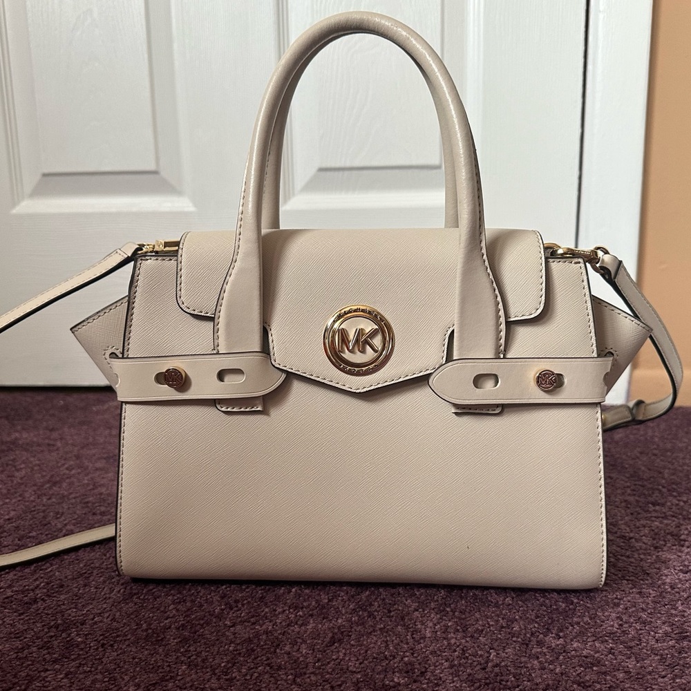 Michael Kors Carmen Small Saffiano Leather Belted Satchel Light Sand Beige